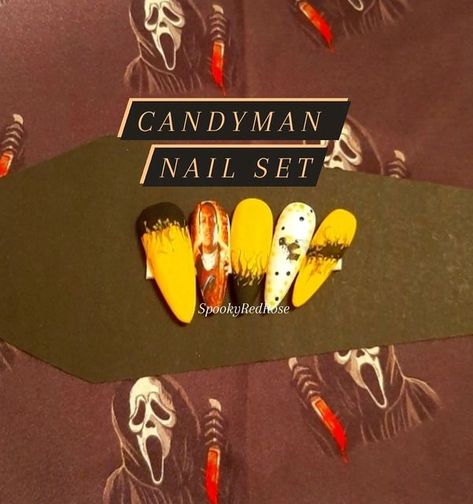 SpookyRedRose on Instagram: "Candyman Nail set!!! &love my new scarf! #candyman #candymanmovie #candyman2021 #candymanjordanpeele #horrorclassic #horrornailart #luxurypressons #luxurypressonnails #pressonnails #pressonnailbusiness #pressonnaillovers #glueonnailsets #spookyvibes #spookyfashion #spookysticker #smallspookybusiness #shopsmall #halloweennails #halloween2021" Jordan Peele, Spooky Stickers, Set Love, Halloween 20, Man Movies, Halloween Nails, Press On Nails, Nail Art, Nails