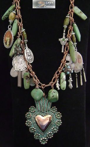 Milagros Charms, Found Object Jewelry, Funky Necklace, Beach Jewelry Boho, Talisman Jewelry, Vintage Jewelry Crafts, Catholic Medals, Magical Jewelry, Assemblage Jewelry