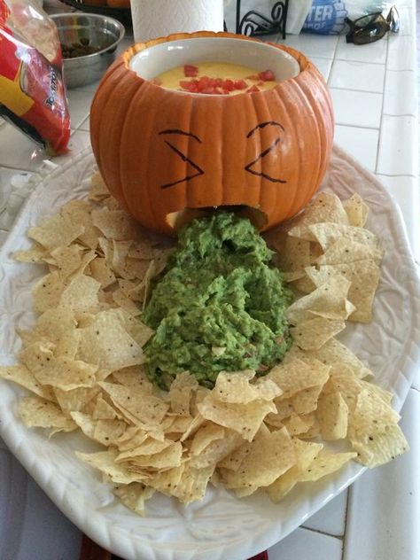 Barfing Pumpkin Dip, Pumpkin Carving Party Set Up, Halloween Chip Dip, Goblin Food, Barfing Pumpkin, Brickle Dip, Sandwich Dip, Halloween Cafe, Potato Dip