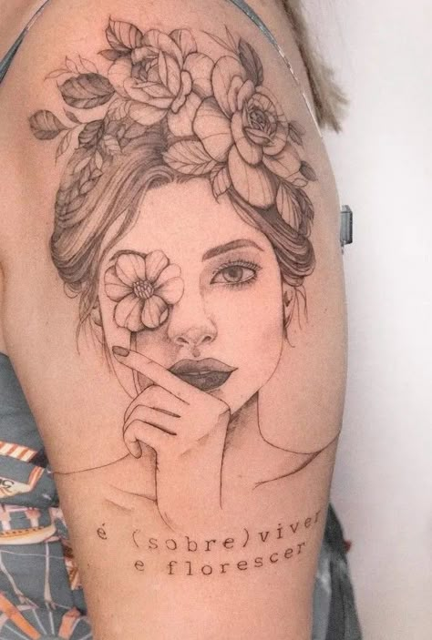 Womens Face With Flowers Tattoo, Lady Face With Flowers Tattoo, Flower Goddess Tattoo, Half Face Half Flower Tattoo, Woman Head Tattoo, Face With Flowers Tattoo, Hip Tattoos Women Side Thighs, Female Portrait Tattoo, Lady Face Tattoo