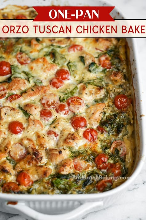 Bad Batch Cooking, One Pan Orzo Tuscan Chicken Bake, Dump And Bake Tuscan Chicken Orzo Meals And Munchies, One Pan Orzo Chicken Bake, One Pot Baked Meals, Orzo Chicken Casserole, Orzo Skillet Recipes, Easy Healthy One Pan Dinner, Tuscan Chicken Pasta Bake