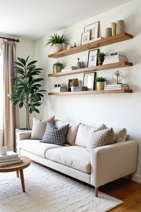 Ever wondered how to turn your open shelves into showstoppers? 🏆 Dive into our 25 ways to style those shelves so they shine! From quirky decor to plant pals, unleash your inner interior designer and bring your space to life. 🌿✨  Transform your living room from 'meh' to 'wow'! Whether you're a minimalist or a maximalist, there’s a styling tip for everyone. Let’s get those shelves talking and make your home a warm hug! 💖 #HomeDecor #ShelfieGoals Open Shelf Living Room Decor, Wall Shelves Over Sofa, Styling Open Shelves Living Room, Bookshelves Above Couch, Floating Shelf Styling Living Room, Floating Shelves Over Couch, Floating Shelves Decor Ideas Living Room, Living Room With Bookcase, Open Shelving Living Room