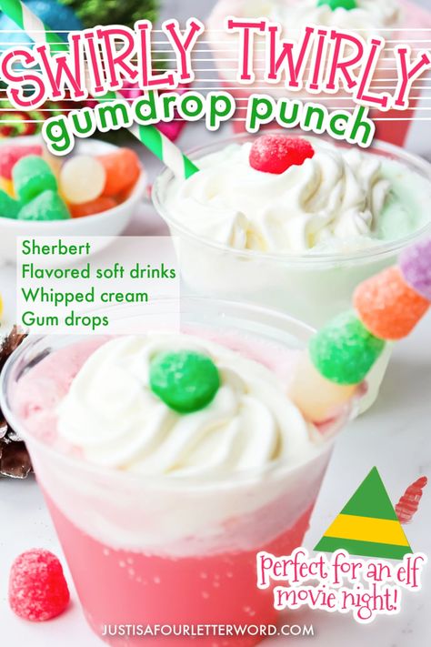 Christmas Kids Dinner Ideas, Swirly Twirly Gumdrop Punch, Elf Movie Themed Drinks, Buddy The Elf Activities, Sea Of Swirly Twirly Gumdrops, Christmas Movie Desserts, Buddy The Elf Cocktail, Elf Desserts Buddy The, Christmas Party Elf Theme