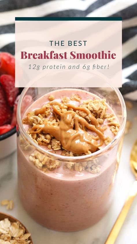 Start your day off with this healthy breakfast smoothie. It tastes like dessert and is made with fruit, oats, protein powder, almond milk and peanut butter.  #breakfastsmoothie #proteinsmoothie #healthybreakfast #easybreakfast #breakfastrecipe #drinkrecipe Best Breakfast Smoothies, Protein Breakfast Smoothie, Oats Protein, Smoothie Strawberry, Protein Powder Smoothie, Easy Breakfast Smoothies, Fit Foodie Finds, Breakfast Shakes, Protein Shake Smoothie