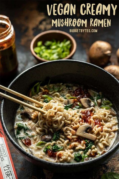 This incredibly simple Vegan Creamy Mushroom Ramen is a rich and flavorful 15 minute meal that only requires a handful of ingredients! BudgetBytes.com #vegan #mushrooms Mushroom Ramen, Vegetarian Pasta Recipes, Vegan Ramen, Budget Bytes, 15 Minute Meals, Ramen Recipes, Vegetarian Pasta, Vegetarian Soup, Meatless Meals