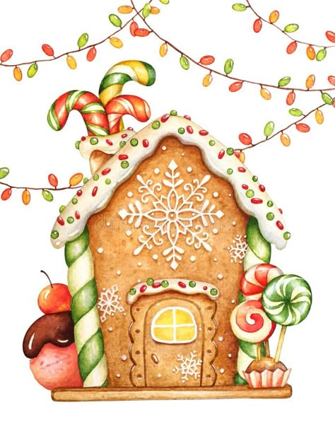 Watercolor Illustration Of The Gingerbread House With Garlands Stock Illustration - Illustration of drawing, glaze: 159371887 Holiday Clipart, Christmas Gingerbread House, Christmas Drawing, Christmas Illustration, Christmas Gingerbread, Christmas Clipart, Christmas Watercolor, Christmas Elf, Pink Christmas