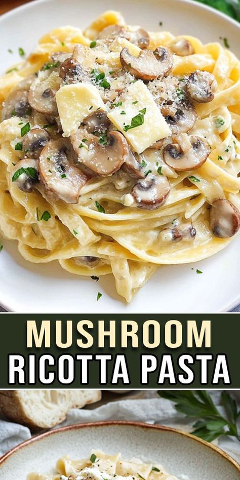 Indulge in this rich and creamy Mushroom Ricotta Pasta 🍄🧀 It’s an easy, comforting meal perfect for weeknights or date nights. The combination of mushrooms and ricotta cheese will satisfy any craving! 🍝💚 #EasyPasta #ComfortFood #VegetarianMeals Ricotta Cheese And Mushroom Recipes, Mushroom Ricotta Pasta, Pasta And Ricotta Cheese Recipes, Pasta With Ricotta Cheese, Ricotta Cheese Pasta, Date Night Pasta, Recipes With Ricotta Cheese, Recipes Using Ricotta Cheese, Mushroom Ricotta