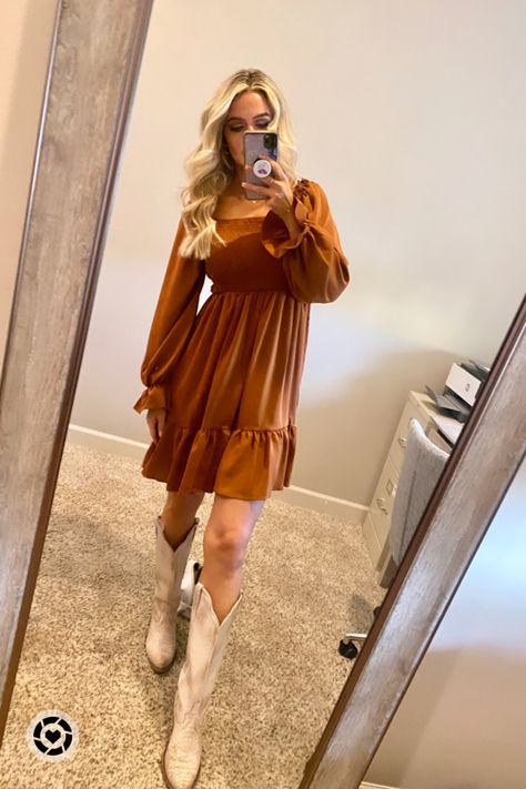 Fall Dresses With Knee High Boots, Western Dresses For Church, Burnt Orange Dress Outfit Fall, Western Fall Dresses, Fall Dress For Photoshoot, Boots And Dress Outfit Western, Brown Dress With Boots, Fall Dress And Boots Outfit, Wedding Guest Dress With Cowboy Boots