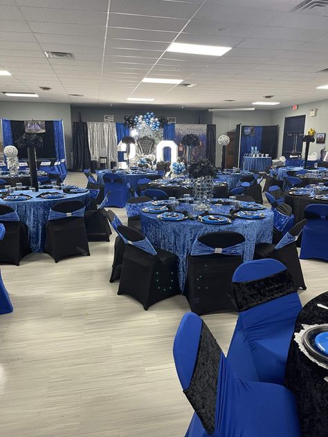 Blue Black And Silver Centerpieces, Royal Blue Black And Silver Party Decorations, Royal Blue And Black Sweet 16, Royal Blue Party Decor, Royal Blue Black And Silver Wedding, Blue Black Birthday Decorations, Royal Blue And Black Wedding Decorations, 40 Shades Of Blue Birthday Party, Royal Blue 18th Birthday Theme