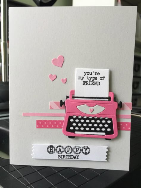 Typewriter Card Ideas, Typewriter Handmade Cards, Spellbinders Valentine Cards, Typewriter Cards, Handmade Valentine Cards, Typewriter Writing, Birthday Card Puns, Cricut Birthday Cards, Sugarpea Designs