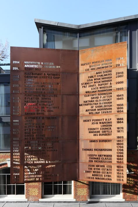 redevelopment of 3-7 Redchurch Street in London, England by Architects Mackenzie Wheeler / Corten steel screen lists the occupiers of this building since 1158. Environment Graphics, Graphic Techniques, Park Signage, Donor Wall, Donor Recognition, Navigation Design, Retail Signage, Weathering Steel, Signage Wayfinding