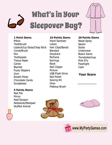 Free Printable What's in your Sleepover Bag? Slumber Party Game for Girls Sister Sleepover Ideas, Sleepover Bag Checklist, Sleepover Checklist, Girly Sleepover, Sleepover Packing List, Sleepover Vibes, Teen Sleepover Ideas, Sleepover Essentials, Fun Sleepover Games