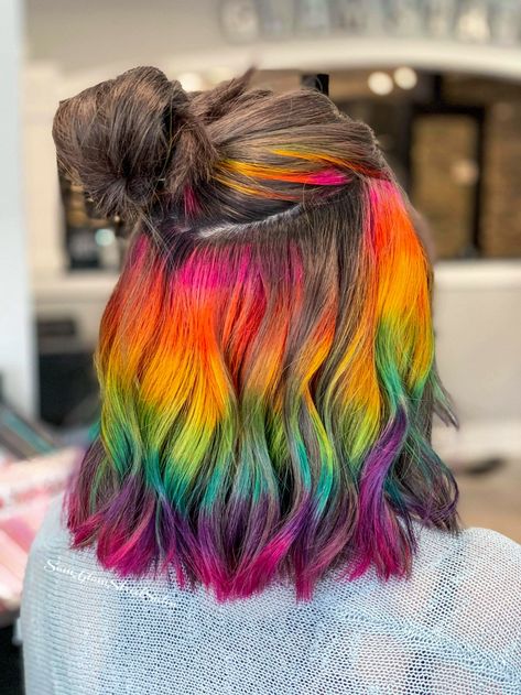 Rainbow Peek A Boo Hair, Brown Hair With Rainbow Underneath, Rainbow Dyed Hair Underneath, Black And Rainbow Hair, Peekaboo Rainbow Hair, Rainbow Hair Underneath, Prismatic Hair, Rainbow Peekaboo Hair, Rainbow Underneath Hair