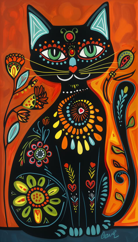 Meowsterpiece Naive Art Style Cat Cat Acrylic Painting Ideas, Folk Art Animals Illustration, Trippy Cat Art, Cat Art Whimsical, Quirky Cushions, Sugar Skull Art Drawing, Trippy Cat, Cat Art Painting, Folk Art Cat