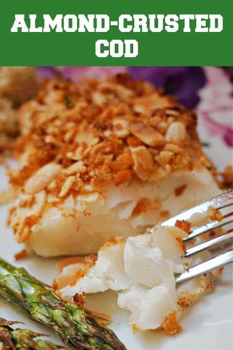 Cod Almondine Baked Fish, Almond Crusted Cod, Almond Crusted Fish, White Fish Recipes Baked, Orange Roughy Recipes, Cod Baked, Halibut Recipes Baked, Breaded Cod, Crusted Cod