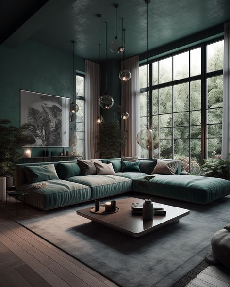 (affiliate link) #modern #green #interiordesign Green Monochromatic Interior Design, Modern Grunge Living Room, Green Industrial Interior, Dark Green Home Interiors, Decor Aesthetic Types, Dark Decor Living Room, Dark Green House Aesthetic, Dark Organic Modern, Dark Mid Century Modern Living Room