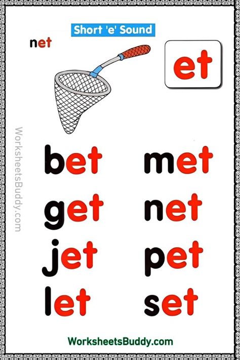 ET Word Family Worksheets For Kindergarten Et Family Words, Et Word Family, Ig Word Family, Letter W Activities, Ea Words, Counting Worksheets For Kindergarten, Free Kindergarten Printables, Family Words, 3 Letter Words