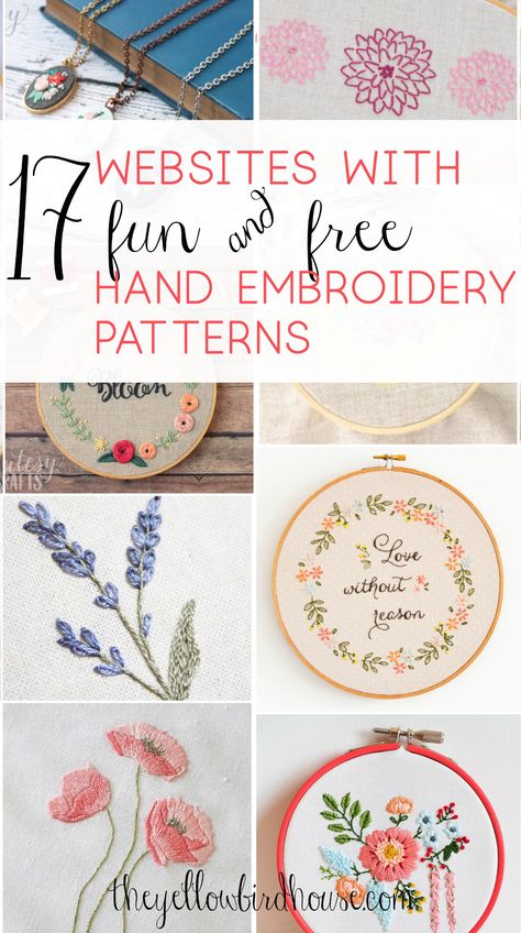 17 Sites with Fun and Free Hand Embroidery Patterns Free Hand Embroidery Patterns, Free Hand Embroidery, Hand Quilting Designs, Hand Embroidery Patterns Free, Crewel Embroidery Kits, Floral Embroidery Patterns, Embroidery Stitches Tutorial, Hand Embroidery Projects, Embroidery Patterns Vintage