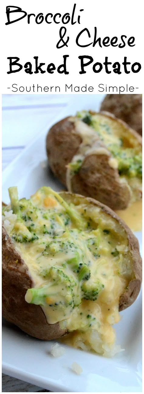 Easy + oh so cheesy Broccoli and Cheese Baked Potatoes! The sauce is ready to go in just a few minutes, and it's the perfect way to take your baked potato over the top! Potato Toppings Ideas, Baked Potato Topping Ideas, Cheese Sauce Baked Potato, Potato With Broccoli And Cheese, Baked Potatoes Broccoli Cheese, Broccoli Cheese Baked Potato Topping, Cheesy Broccoli For Baked Potatoes, Broccoli And Cheese Stuffed Baked Potato, Broccoli Cheese Bake