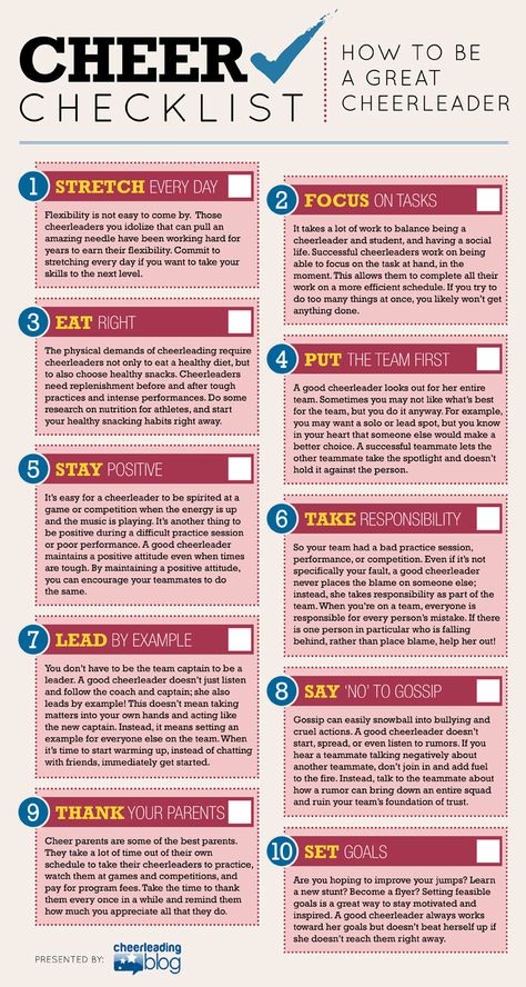 Cheer Checklist: How to be a GREAT Cheerleader (INFOGRAPH) | Cheerleading Blog Cheer Checklist, Cheerleading Tips, Cheerleading Workouts, Cheer Hacks, Youth Cheer, Cheer Tryouts, Cheer Routines, Cheerleading Coaching, Cheer Captain