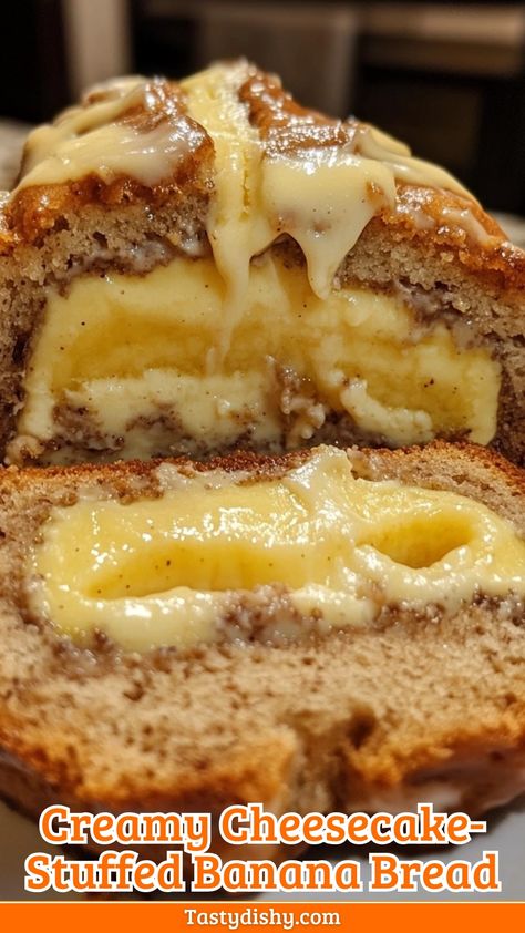 Indulge in Creamy Cheesecake-Stuffed Banana Bread! Banana Bread Cheesecake Recipe, Cheesecake Stuffed Banana Bread, Cream Cheese Filled Banana Bread, Cheesecake Banana Bread, Banana Bread Cheesecake, No Rise Bread, Moist Banana Bread, Cheesecake Filling, Recipes Appetizers And Snacks