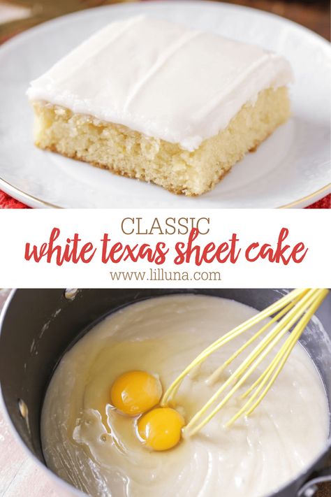 A white version of classic sheet cake! This cake is moist and is topped with an amazing frosting with hints of almond throughout. It also feeds a ton, making it great for parties and get together. #whitetexassheetcake #texassheetcake #dessert #dessertrecipe #cake Vanilla Texas Sheet Cake Recipe, Texas Sheet Cake Pioneer Woman, Pecan Cream Cheese Pie, Almond Sheet Cake Recipe, White Sheet Cakes, White Texas Sheet Cake, Vanilla Sheet Cakes, Texas Sheet Cake Recipe, Cream Cheese Pie