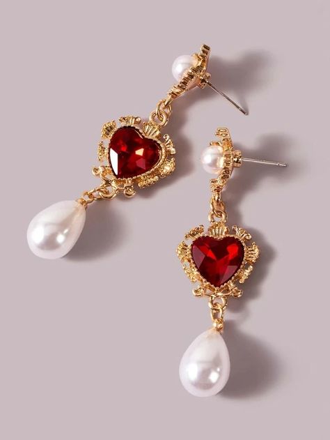 Formal Jewelry, Crown Earrings, Red Jewelry, Heart Drop Earrings, Baroque Fashion, Stunning Earrings, Queen Of Hearts, Gold Drop Earrings, Trendy Jewelry