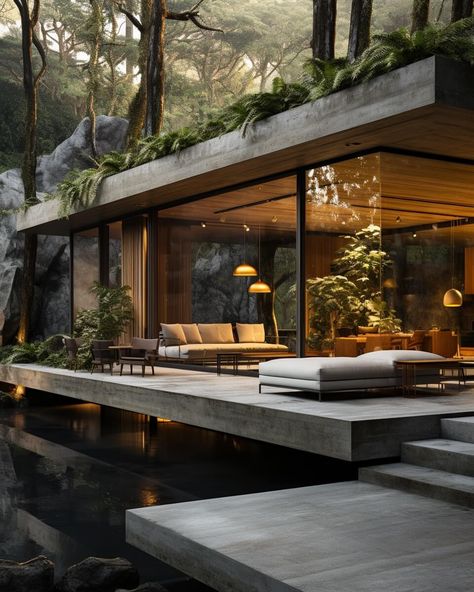 The Boxed Bliss by Mohammad Hossein Rabb|Visualization Villas Design, Tropical Modernism, Japandi House, Bali Villas, Water Architecture, Glass Houses, Amazing Houses, Concrete Architecture, Tropical Architecture