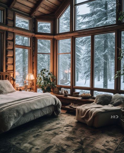 Cabin Rooms Bedrooms, Mountain Aesthetic Bedroom, Cabin Mansion Interior, Fancy Log Cabin, Luxury Cabin Homes, Winter Home Aesthetic, Winter Cabin Interior, Mountain House Bedroom, Cozy Cabin Bedrooms