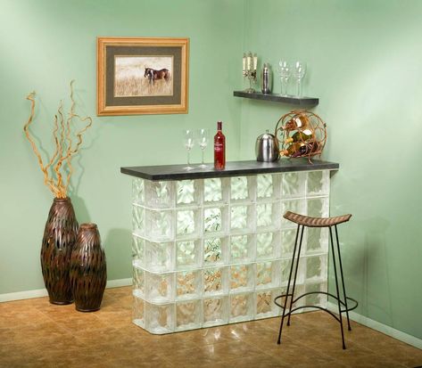 Charming bar crafted with glass blocks (from Houzz) - Decoist Glass Kitchen Tables, Glass Block Windows, Glass Block Crafts, Modern Home Bar, Block Table, Diy Blocks, Glass Brick, Glass Block, Basement Bar