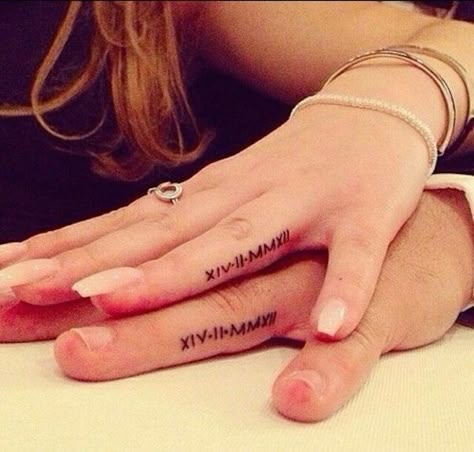 Engagement Tattoos, Wedding Date Tattoos, Bestie Board, 16 Tattoo, Tattoo Couple, Roman Numeral Tattoos, Finger Tattoo For Women, Date Tattoos, Ring Finger Tattoos