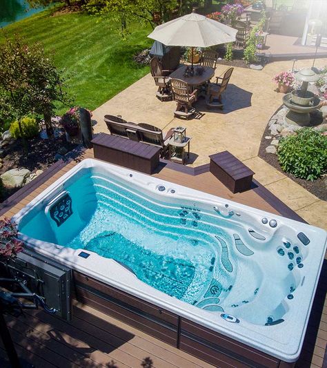 Swim Spa Deck, Swim Spa Landscaping, Outdoor Swim Spa, Spa Landscaping, Backyard Spa, Hot Tub Swim Spa, Endless Pool, Piscina Interior, Hot Tub Backyard