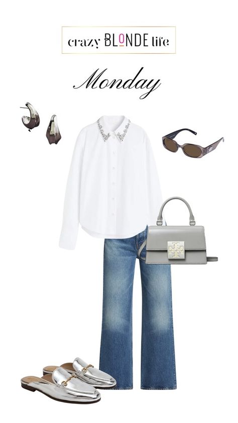 Add some sparkle to your white blouse with an embellished collar. Paired with jeans, silver mules and a silver bag, this look will take you into the holiday season! Fashion over 50, style over 50, fall fashion, holiday style, metallic trend