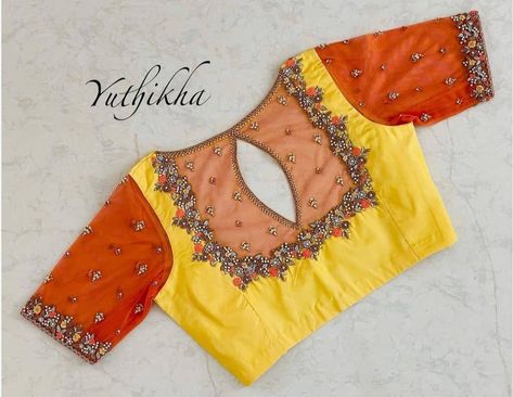 Bridal Blouse Designs Yellow, Maggam Works On Net Blouse, Net Blouse Designs Maggam Work, Aari Work On Netted Blouse, Net Blouse Designs Latest Aari Work, Neted Blouse Aari Work, Gruhapravesham Sarees, Net Maggam Work Blouse Designs, Maggam Work On Net Blouse