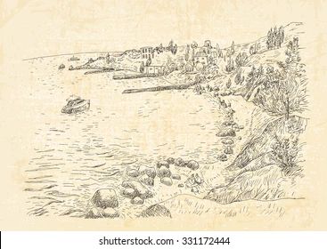 Similar Images, Stock Photos & Vectors of Sea coast with piers and rocky shore in the Crimea. Monochrome freehand ink drawing with canvas backdrop, sketch in art doodle style pen. - 331172444 | Shutterstock Sea Bed Drawing, Shoreline Drawing, Seashore Sketch, Beach Shore Drawing, Beach Pen Drawing, Rocky Shore, Ink Drawing, Rocky, Line Drawing