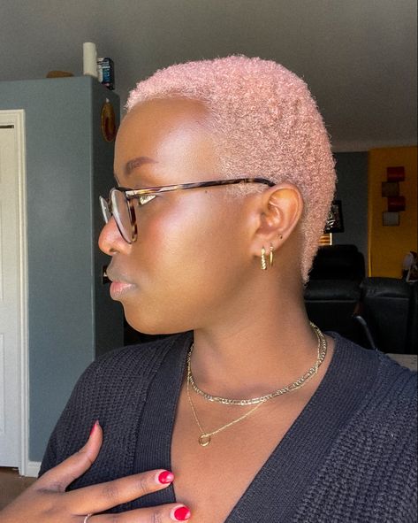 Pink Short Hair On Black Women, Coloured Short Hair For Black Women, Bald Dyed Hair Black Women, Rose Pink Short Hair, Dye Short Hair Black Women, Dyed Short Hair Ideas Black Women, Short Hair Dye Ideas Black Women, Pink Dyed Hair Black Women, Rose Gold Hair Black Women