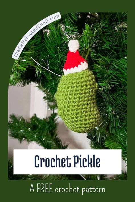 Crochet Pickle Pattern - thecaffeinatedsnail.com Crochet Christmas Pickle, Pickle Crochet Pattern Free, Crochet Pickle Pattern, Crochet Pickle, Crocheted Amigurumi, Pickle Ornament, Christmas Pickle, Crochet Garden, Christmas Crochet Patterns