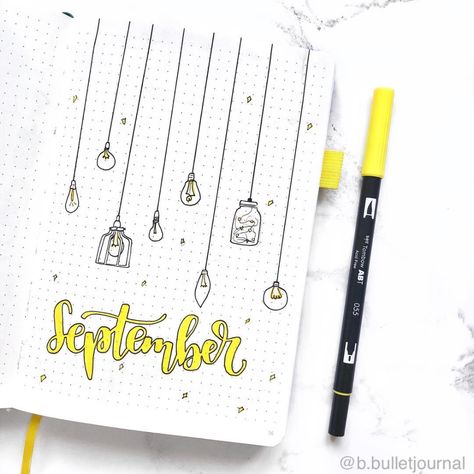 •Brooke on Instagram: "September cover page! 💡💛 my theme this month is lights (Tombow colour - 055) {the theme is inspired by - @elizabethturn @ufinicorn…" Fall Bullet Journal Cover, September Bullet Journal Ideas, September Bullet Journal Cover, September Cover Page, Fall Bullet Journal, Bullet Journal Week, September Bullet Journal, Bullet Journal September, Bullet Journal Month