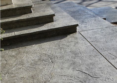 stamped concrete steps | Seamless Stamped Concrete steps and landings with rough granite 2 ... Stamped Concrete Steps, Backyard Stairs, Concrete Front Steps, Stamped Concrete Walkway, Stamped Concrete Driveway, Concrete Backyard, Concrete Patio Designs, Raised Patio, Concrete Patios