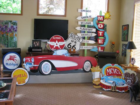 Rt 66 party decorations 50s Decorations, Route 66 Party, Route 66 Decor, Route 66 Theme, Vintage Car Party, Living Room Decals, Sock Hop Party, Home Office Man Cave, Home Office Man