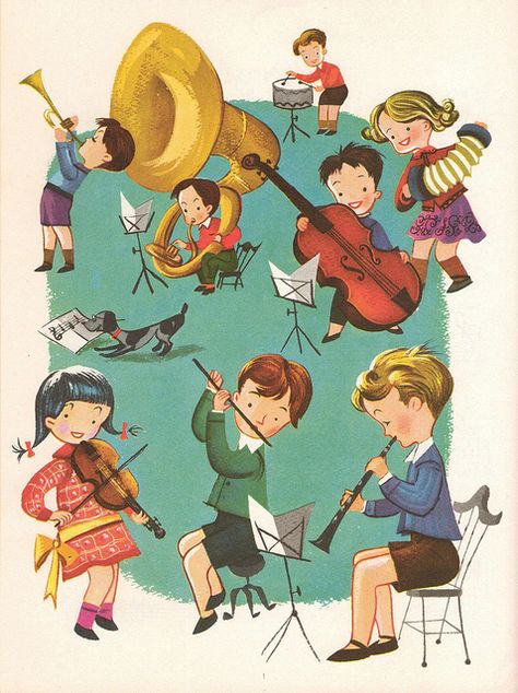 Music Round the Town  by Liliatodd, via Flickr William Claxton, Mid Century Illustration, Music Illustration, Music Images, Music Classroom, Teaching Music, Little Golden Books, Music For Kids, Vintage Children's Books