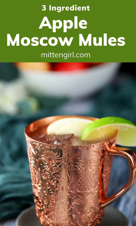 Apple Mules are delicious any time of year thanks to apple vodka. Ginger and apple are a delicious pairing, with the lime keeping the sweetness in check. There’s no easier happy hour cocktail than a Moscow Mule. Three ingredients and no special tools required! Which also means it’s super easy - and fun - to create variations on this classic drink. #moscowmule #vodkadrinks #applevodka Apple Moscow Mule Recipe, Fall Happy Hour, Apple Moscow Mule, Apple Mule, Vodka Mule, Vodka Cocktails Easy, Apple Vodka, Pear Vodka, Moscow Mules