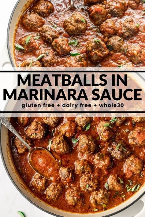 These meatballs with marinara sauce are full of flavor and packed with garlic and fresh herbs! Plus they're dairy free and gluten free but you wouldn't guess it from the taste. Meatballs With Marinara Sauce, Dairy Free Meatballs, Meatballs In Marinara Sauce, Meatball Marinara, Easy Marinara Sauce, Gluten Free Meatballs, Cookies Gluten Free, Clean Eating Dinner, Paleo Lunch