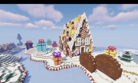 Ginger Bread House Minecraft, Mincraft Idea Christmas, Candy House Minecraft, Minecraft Snowglobe, Minecraft Ice Skating Rink, Minecraft Winter Wonderland, Gingerbread House Minecraft, Christmas House Minecraft, Minecraft Gingerbread House