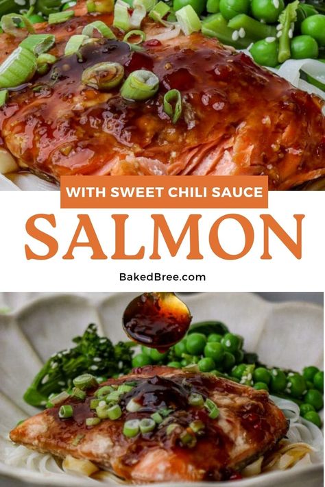 Create a delicious dinner with our simple homemade sweet chili salmon recipe! Made with just a few ingredients like Thai sweet chili sauce, soy sauce, and fresh ginger, this dish is bursting with flavor. Chili Salmon Recipe, Sweet Chili Salmon, Chili Salmon, Baked Bree Recipe, Asian Chili Sauce, Lemon Orzo Salad, Salmon Baked, Bbq Salmon, Thai Chili Sauce