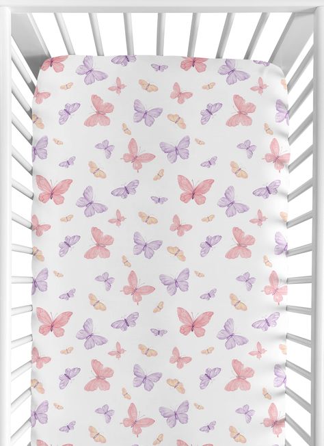 PRICES MAY VARY. Includes: (1) Fitted Crib Sheet: 52in. x 28in. x 8in. Easy machine washable, tumble dry low. This brushed microfiber crib sheet features an exclusive design of a blush pink, purple lavender and yellow shabby chic colorful pastel lilac watercolor butterfly pattern. Add a baby cribsheet to your list of must haves for your little one! This soft crib sheet is stretchy and comfortable to give your infant or toddler the perfect setting for a good night’s rest. It’s thoughtfully design Purple Butterfly Nursery, Butterfly Baby Room, Girly Nursery, Purple Nursery, Butterfly Nursery, Pastel Nursery, Baby Sheets, Newborn Nursery, Sweet Jojo Designs