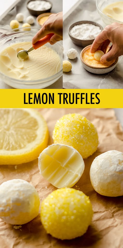 Smooth and creamy truffles full of lemon flavor and rolled in bright and sunny sprinkles. Easy to follow instructions will make you feel like a candy-making expert! via @frshaprilflours Lemon Chocolate Truffles, Lemon Treats Easy, Cool Looking Food, Candied Lemons Slices, Fancy Lemon Desserts, Natural Candy Recipes, Diy Candy Recipes, Candy Lemon Slices, Candy Recipes Homemade Easy