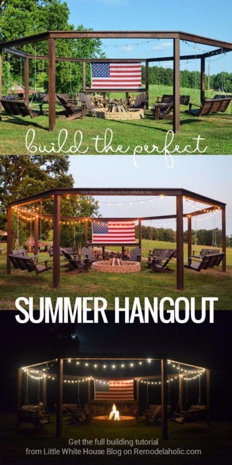 DIY Fireplace Ideas - DIY Pergola And Firepit With Swings - Do It Yourself Firepit Projects and Fireplaces for Your Yard, Patio, Porch and Home. Outdoor Fire Pit Tutorials for Backyard with Easy Step by Step Tutorials - Cool DIY Projects for Men and Women http://diyjoy.com/diy-fireplace-ideas Summer Hangout, Fire Pit Pergola, Diy Fire Pit Ideas, Diy Patio Ideas, Diy Outdoor Fireplace, Pergola Diy, Diy Seating, Pergola Swing, Patio Pergola