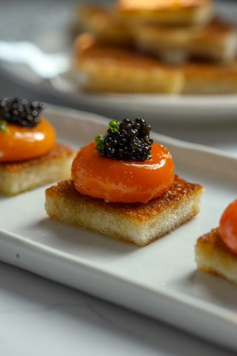 Caviar Egg Toast - Food My Muse Girly Food Ideas, Catering Hors D’oeuvres, Caviar Dinner Party, Fancy Brunch Food, Champagne And Caviar Party, Caviar Plating, Gourmet Finger Food, Chicken Hors D’oeuvres, Luxury Appetizers