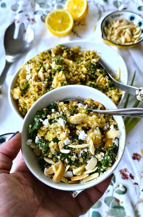 Kale and Quinoa Pilaf - Kosher Everyday Gluten Free Challah, Kale And Quinoa, Quinoa Pilaf, Walnut Oil, Toasted Walnuts, Challah, Cooking Together, Sliced Almonds, Pine Nuts